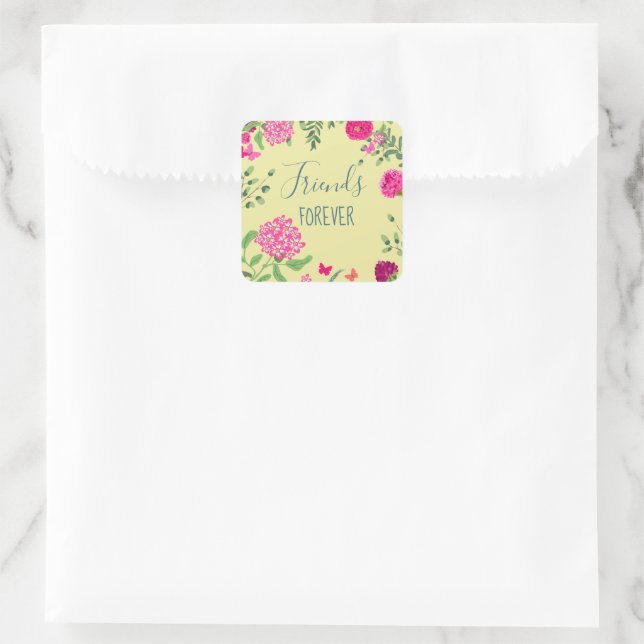 Pegatina Cuadrada Amigos Siempre flores brillantes y mariposas (Bolso)