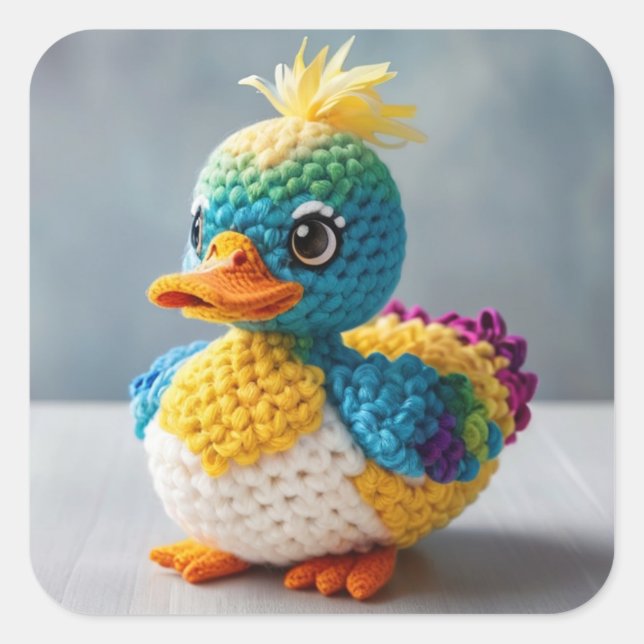 Pegatina Cuadrada Amigurumi hecho a mano Crochet pato maestro (Anverso)