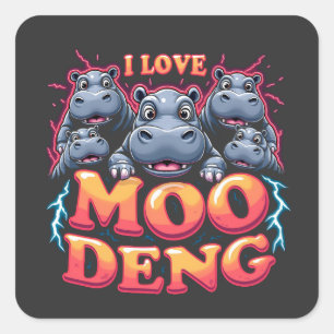 Pegatina Cuadrada Amo a Moo Deng Baby Hippo Amantes