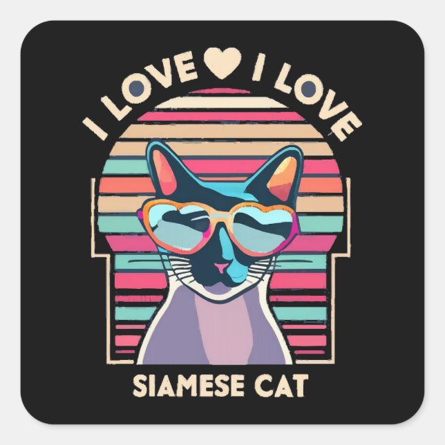 Pegatina Cuadrada Amo al gato siamés (Anverso)