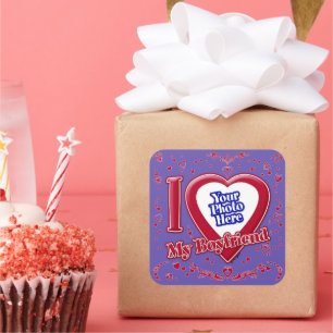 Pegatina Cuadrada Amo Mi Novio Foto Corazón Rojo Púrpura