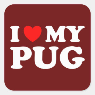 Pegatina Cuadrada Amo Mi Pug Con Corazón Rojo