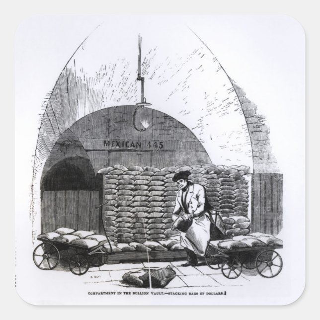Pegatina Cuadrada Amontonamiento de bolsos de dólares en un (Anverso)