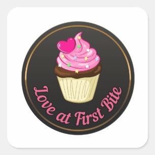 Pegatina Cuadrada Amor a primera mordida Amante de los cupcakes