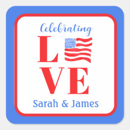 Pegatina Cuadrada Amor Acuarela Bandera Americana NOMBRE Novia 