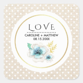 Pegatina Cuadrada Amor. Boda de textura romántica con arpillera flor