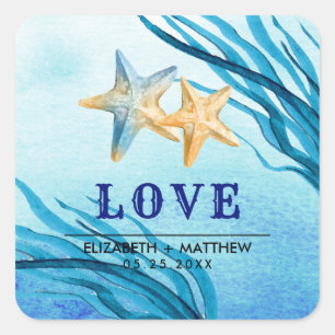 Pegatina Cuadrada Amor. Boda personalizada Starfish Beach