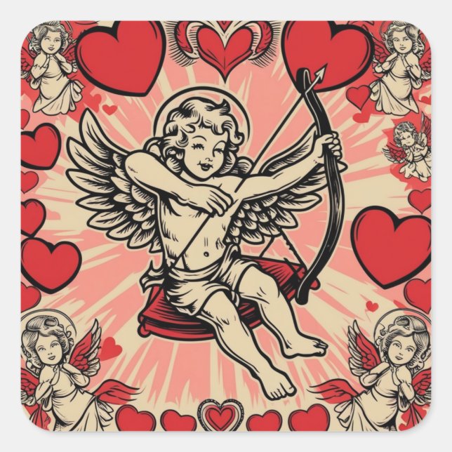 Pegatina Cuadrada amor cupide vintage (Anverso)