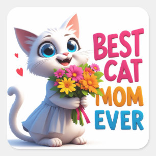Pegatina Cuadrada Amor de Mamá Gata con Flores y Corazones 🐱