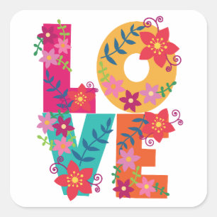 Pegatina Cuadrada Amor de palabra colorido decorado con flores