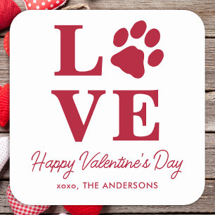 Pegatina Cuadrada Amor Día de San Valentín Mascota Perro Paw Print