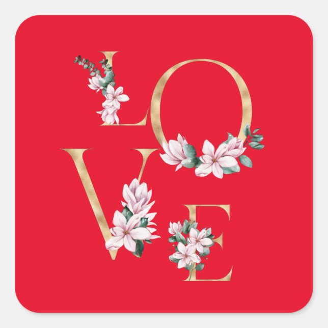 Pegatina Cuadrada Amor en letra dorada con flores de magnolia (Anverso)