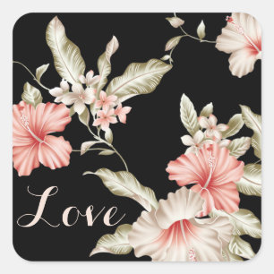 Pegatina Cuadrada Amor Floral Rosa y Flor Negra Japonesa
