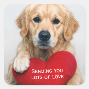 Pegatina Cuadrada Amor Golden Retriever Con una Almohada de Corazón 