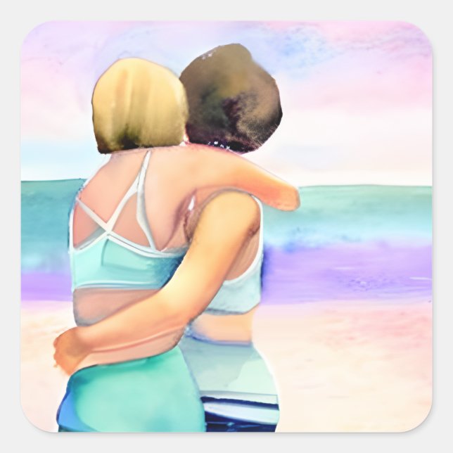 Pegatina Cuadrada Amor Lesbiano | Dos mujeres abrazándose en la play (Anverso)