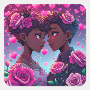 Pegatina Cuadrada Amor LGBT   Pareja anime afroamericana