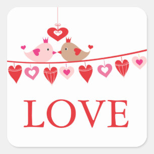 Pegatina Cuadrada Amor Moderno Corazones de Pájaro Bridal Shower Gra