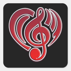 Pegatina Cuadrada Amor Musical Vibraciones Corazón Rojo Nota Musical