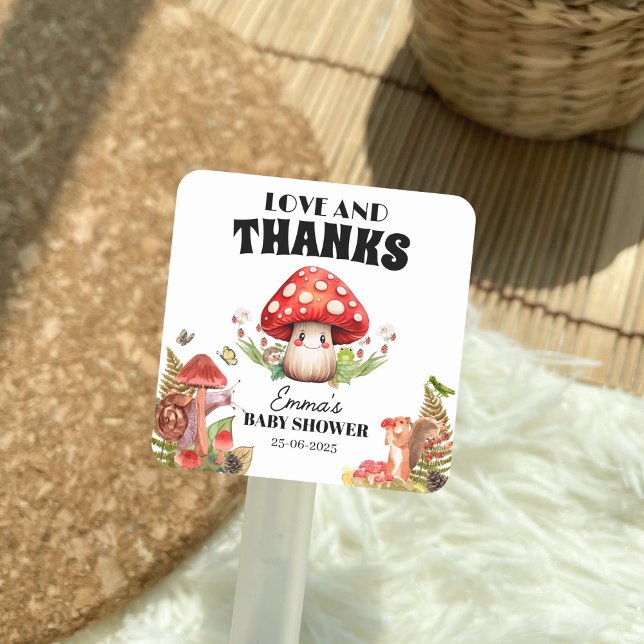 Pegatina Cuadrada Amor y gracias hongi hongo Moth Baby Shower (Love and Thanks Fungi Mushroom Moth Baby Shower )