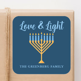 Pegatina Cuadrada Amor y Luz Azul Oro Hanukkah Menorah
