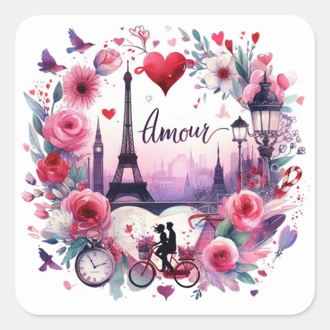 Pegatina Cuadrada Amour Paris Love Valentines Enevelope Seal (Anverso)