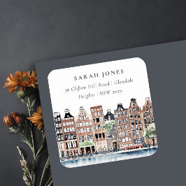 Pegatina Cuadrada Ámsterdam: dirección panorámica del canal de agua 