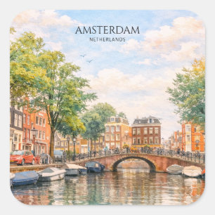 Pegatina Cuadrada Ámsterdam Países Bajos Canal Ciudad Colorida   Via