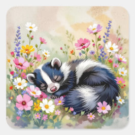 Pegatina Cuadrada An Adorable Skunk Napping in Flowers