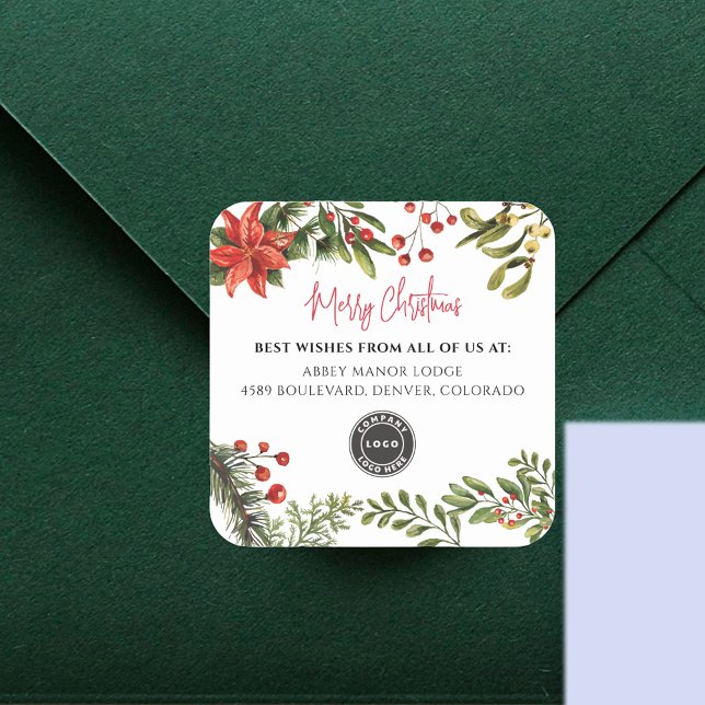 Pegatina Cuadrada Añadir logotipo comercial Feliz Navidad Botánica (Business Logo Watercolor Red Berries Christmas Sticker)