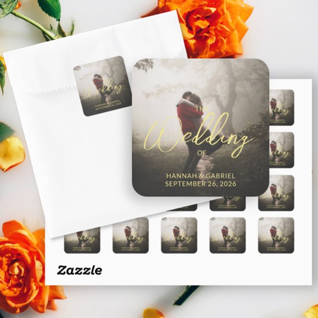 Pegatina Cuadrada Añadir matrimonio personalizado de foto (Add Photo Custom Wedding Stickers)