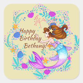 Pegatina Cuadrada Añadir nombre a Mauve de sirena de pelo marrón a F