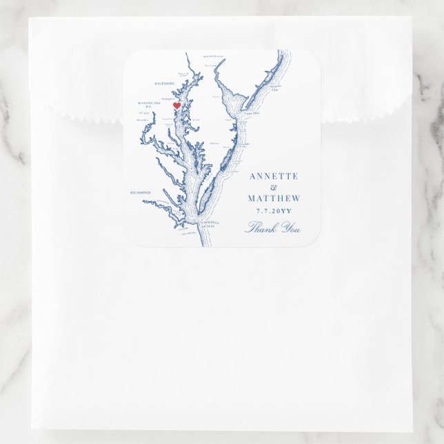 Pegatina Cuadrada Anapolis Chesapeake Bay Map Navy Wedding Favor (Bolso)