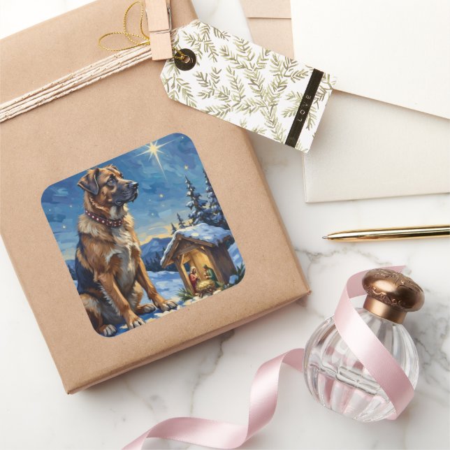 Pegatina Cuadrada Anatolian Shepherd Dog Guarding Nativity Scene (Regalar)