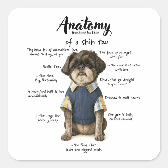 Pegatina Cuadrada Anatomy of a Shihtzu Unconditional Love Edition  (Anverso)