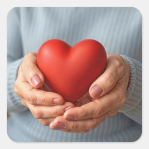 Pegatina Cuadrada Anciana sosteniendo un corazón rojo