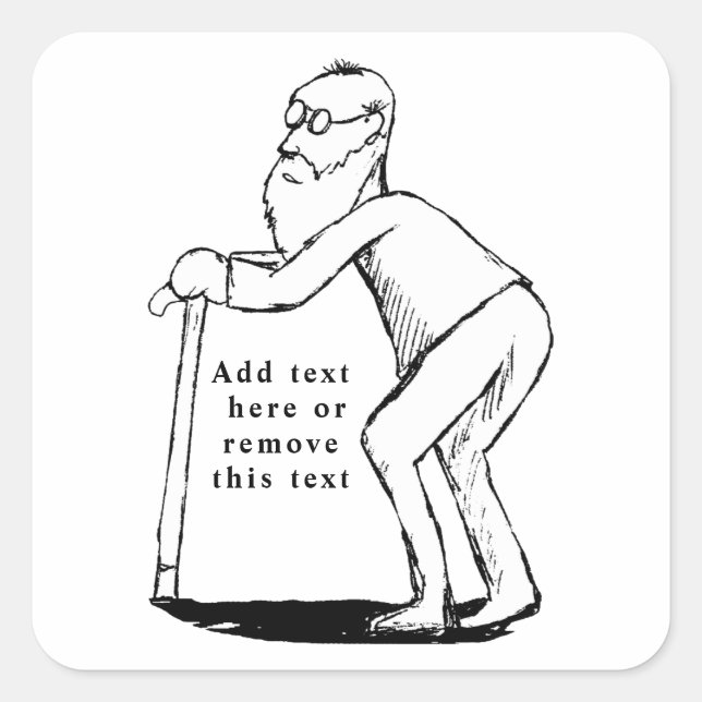 Pegatina Cuadrada Anciano Frágil Con Esbozo De Caña (Anverso)