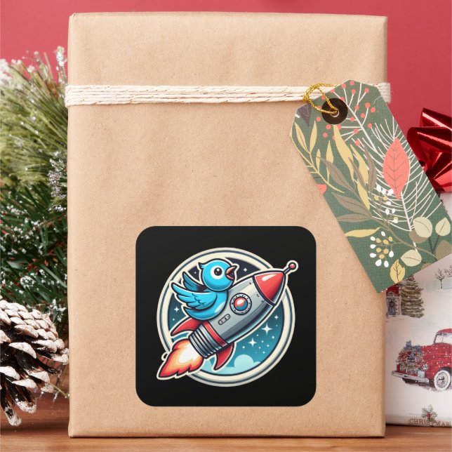 Pegatina Cuadrada Anciano sobre un cohete (Vacaciones)