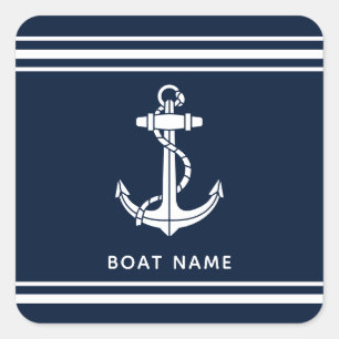 Pegatina Cuadrada Ancla azul marino y nombre de barco personalizado