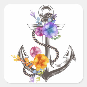 Pegatina Cuadrada Ancla de Barco Floral Náutico