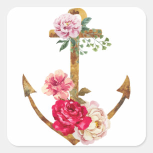Pegatina Cuadrada Ancla de barco náutico vintage rosa y roja peonía