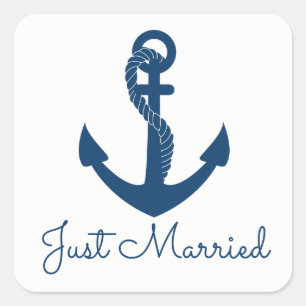 Pegatina Cuadrada Ancla Náutica Azul Marino Boda de Playa Marinero