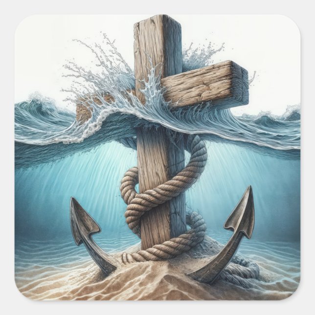 Pegatina Cuadrada Ancla náutica y cruz en agua oceánica (Anverso)