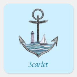 Pegatina Cuadrada Ancla y faro personalizables (versión 1)