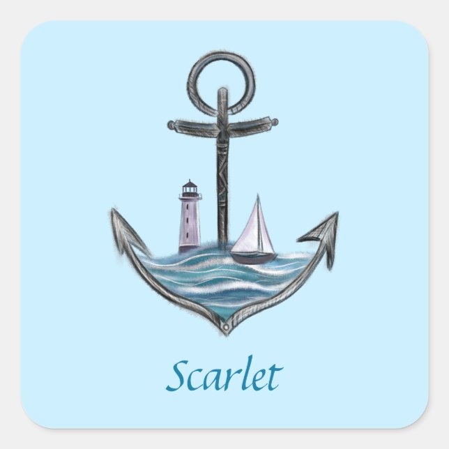 Pegatina Cuadrada Ancla y faro personalizables (versión 1) (Anverso)