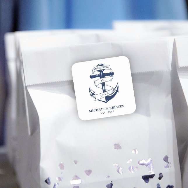 Pegatina Cuadrada Anclado por amor Boda de Anclaje Náutico Blanco (Anchored in Love White Nautical Anchor Wedding Square Sticker
)