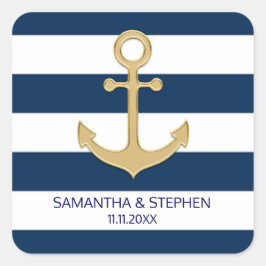 Pegatina Cuadrada Anclaje de oro de las franjas blancas azules de la
