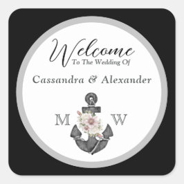 Pegatina Cuadrada Anclaje floral Boda náutico negro y blanco