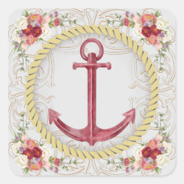 Pegatina Cuadrada Anclaje náutico y roseato floral