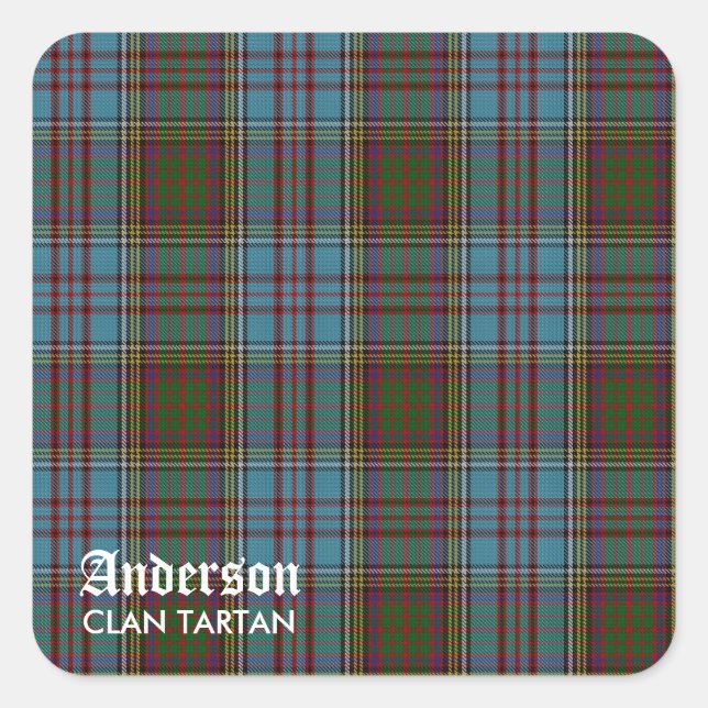 Pegatina Cuadrada Anderson Clan Family Tartan (con nombre) (Anverso)