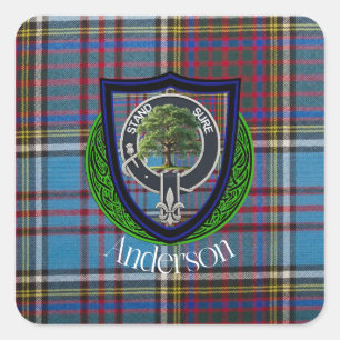 Pegatina Cuadrada Anderson Scottish Clan Tartán y Escudo